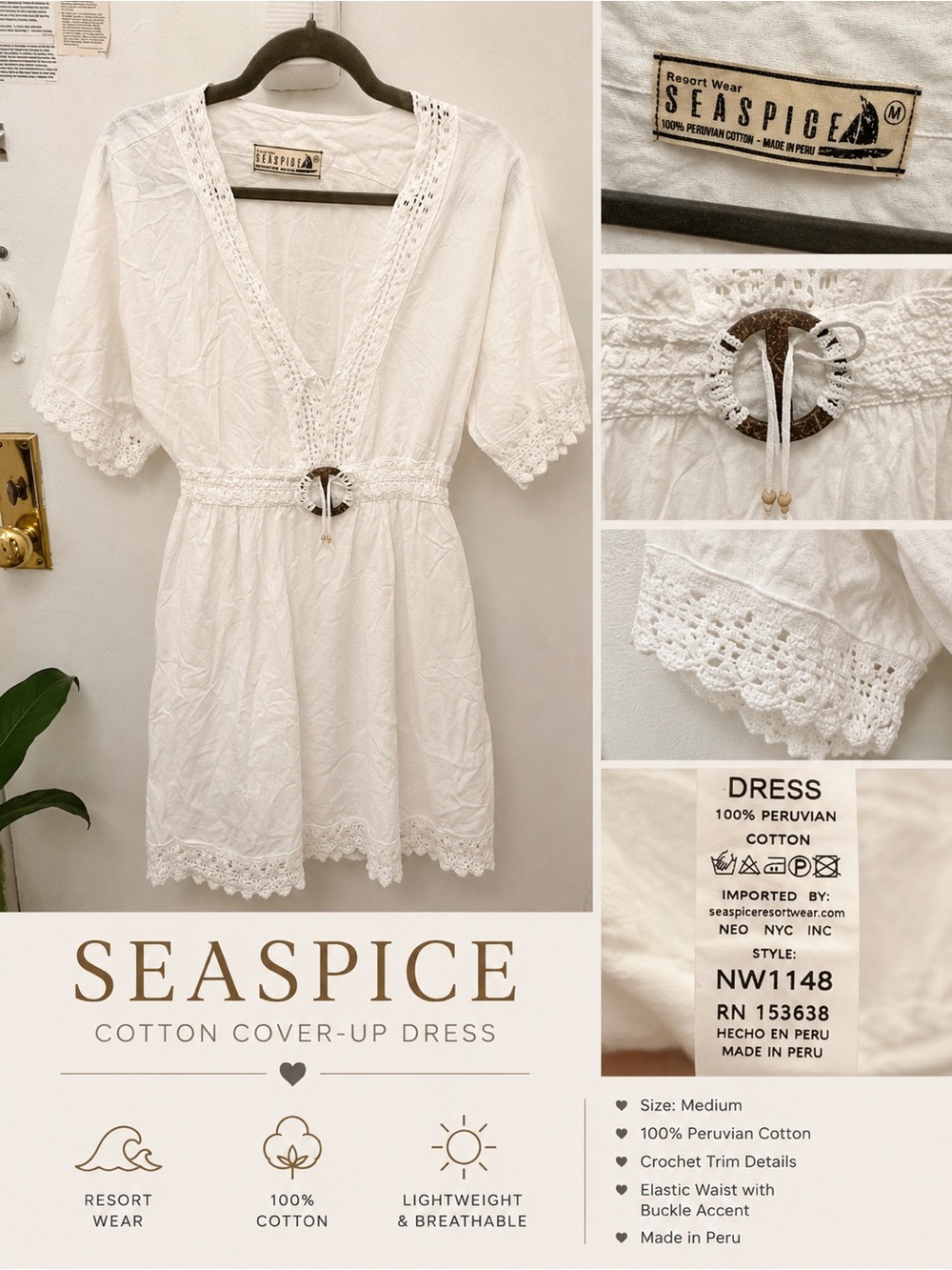 SEASPICE White Cotton Crochet-Trim Swim Cover-Up Dress